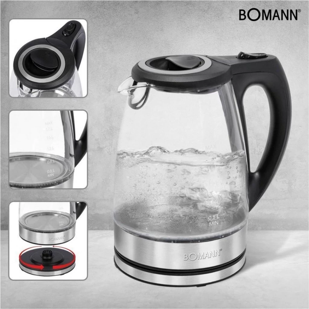 Bomann WKS 6032 G CB Glas Waterkoker 1.7L 2200W RVS/Zwart 4 Bomann WKS 6032 G CB Glas Waterkoker 1.7L 2200W RVS/Zwart - Afbeelding 2