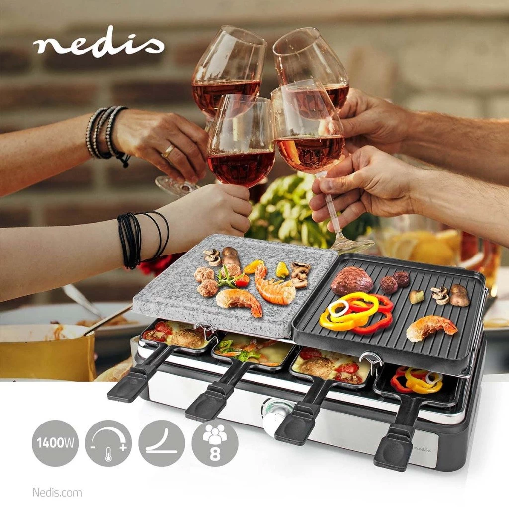Nedis FCRA300FBK8 Gourmet Raclette Steen Grill Voor 8 Personen 4 Nedis FCRA300FBK8 Gourmet Raclette Steen Grill Voor 8 Personen - Afbeelding 2