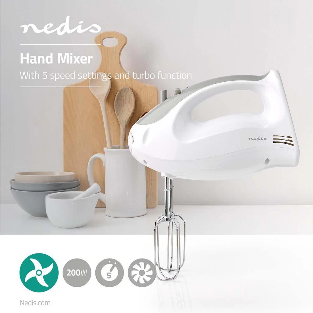 Nedis KAHM100CWT Handmixer 200 W 5-snelheden Turbo-functie 2 Deeghaken / 2 Kloppers Grijs / Wit 4 Nedis KAHM100CWT Handmixer 200 W 5-snelheden Turbo-functie 2 Deeghaken / 2 Kloppers Grijs / Wit - Afbeelding 2