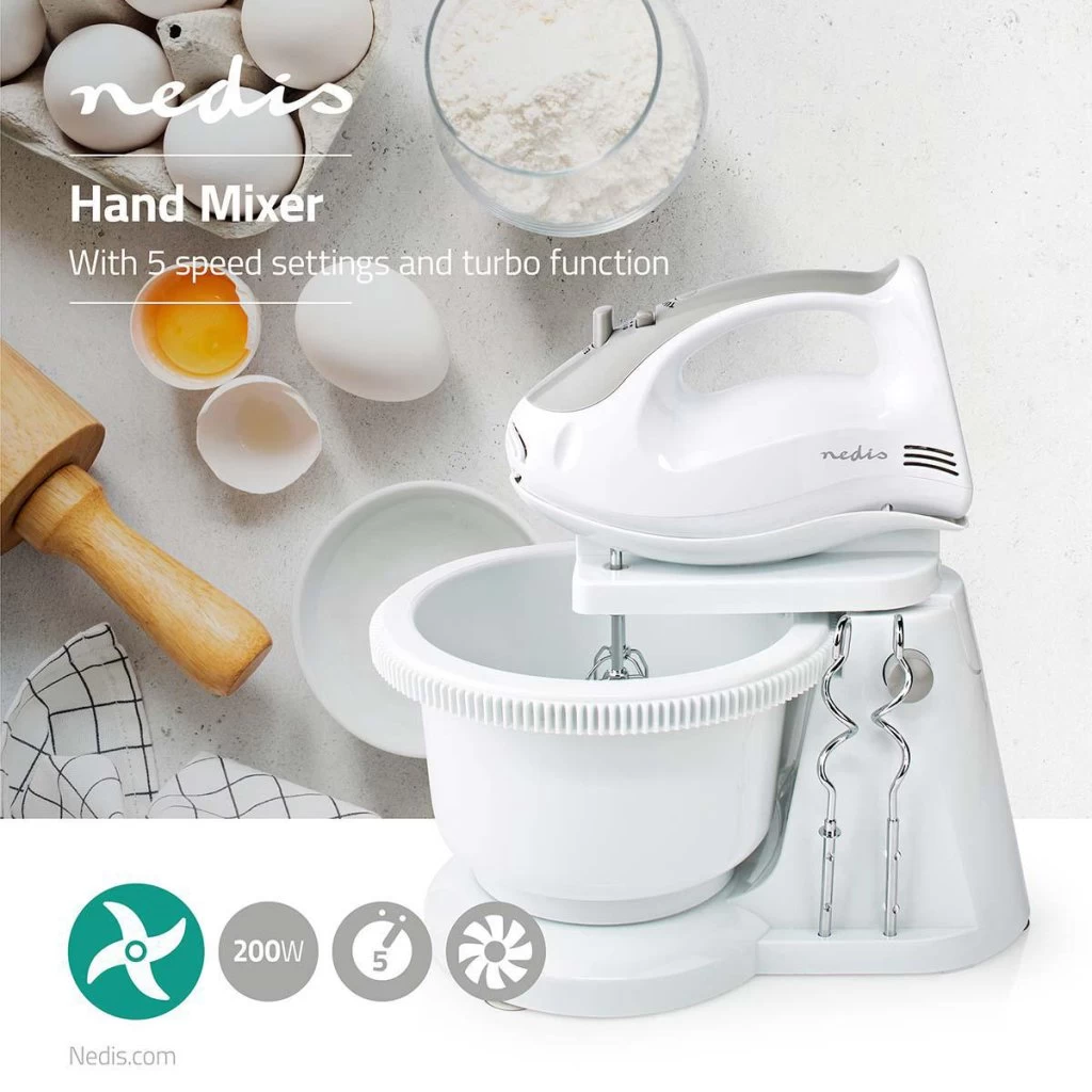 Nedis KAHM110CWT Handmixer 200 W 5-snelheden Turbo-functie Draaikom / 2 Deeghaken / 2 Kloppers Grijs / Wit 4 Nedis KAHM110CWT Handmixer 200 W 5-snelheden Turbo-functie Draaikom / 2 Deeghaken / 2 Kloppers Grijs / Wit - Afbeelding 2