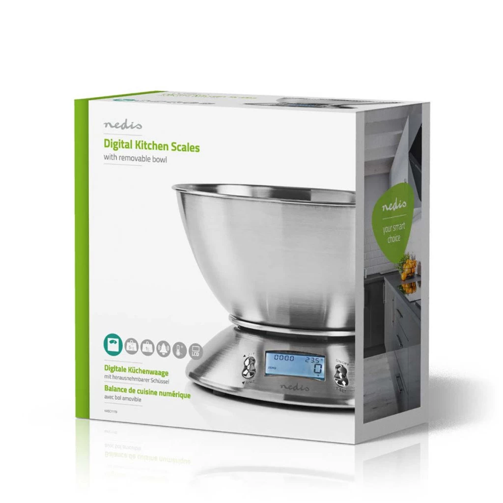 Nedis KASC111SI Digitale Keukenweegschaal Verlicht Lcd-scherm Temperatuur Wekker Metaal 4 Nedis KASC111SI Digitale Keukenweegschaal Verlicht Lcd-scherm Temperatuur Wekker Metaal - Afbeelding 2