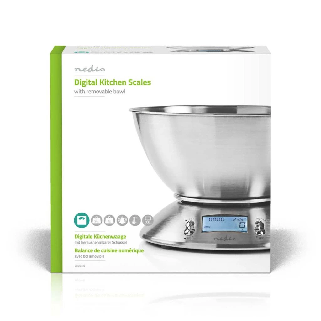 Nedis KASC111SI Digitale Keukenweegschaal Verlicht Lcd-scherm Temperatuur Wekker Metaal 5 Nedis KASC111SI Digitale Keukenweegschaal Verlicht Lcd-scherm Temperatuur Wekker Metaal - Afbeelding 3
