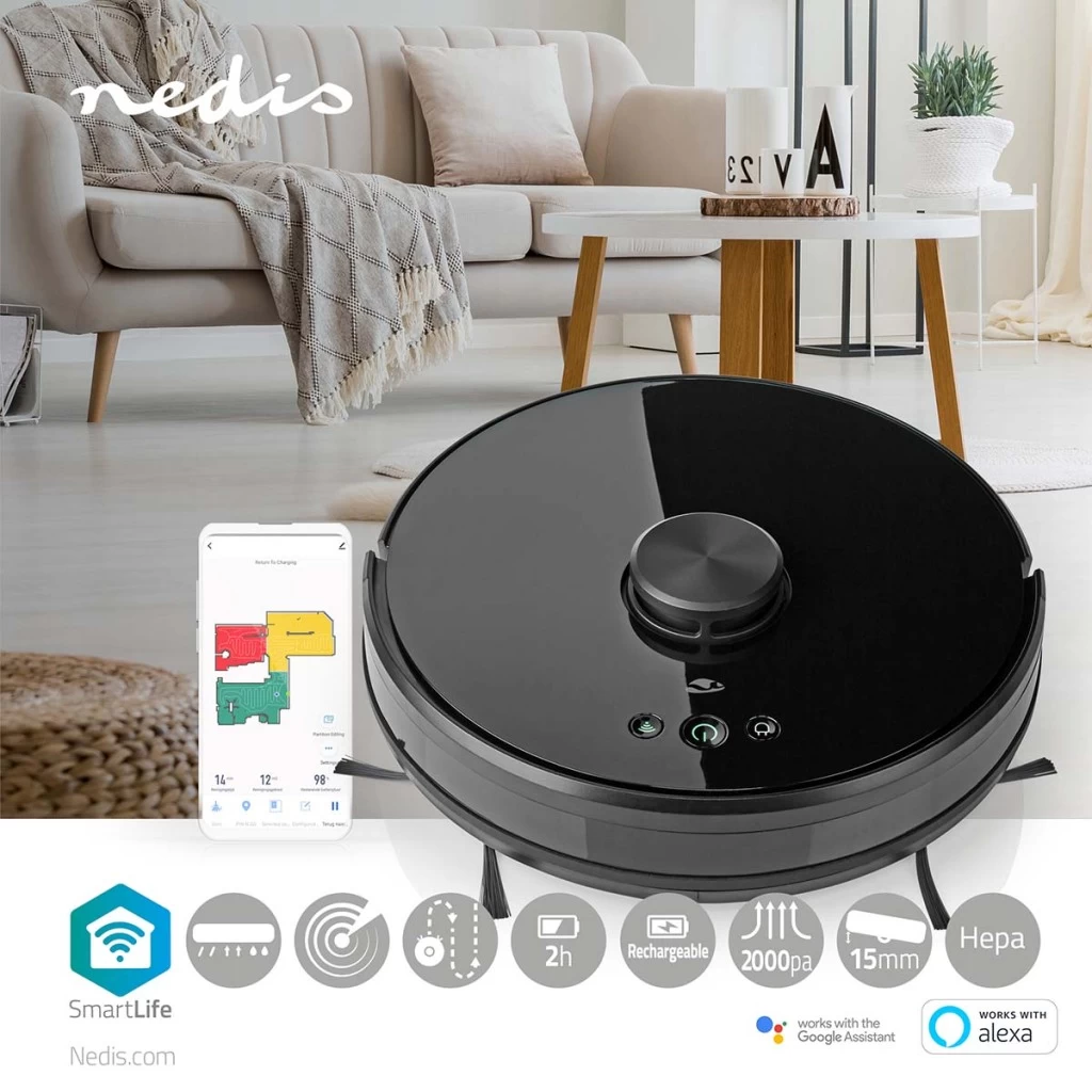 Nedis WIFIVCL001CBK Robotstofzuiger Laser Navigatie Wi-fi Capaciteit Opvangreservoir: 0.6 L Automatisch Opladen Diameter: 330 Mm Maximale Gebruiksduur: 120 Min Zwart Android™ / Ios 4 Nedis WIFIVCL001CBK Robotstofzuiger Laser Navigatie Wi-fi Capaciteit Opvangreservoir: 0.6 L Automatisch Opladen Diameter: 330 Mm Maximale Gebruiksduur: 120 Min Zwart Android™ / Ios - Afbeelding 2
